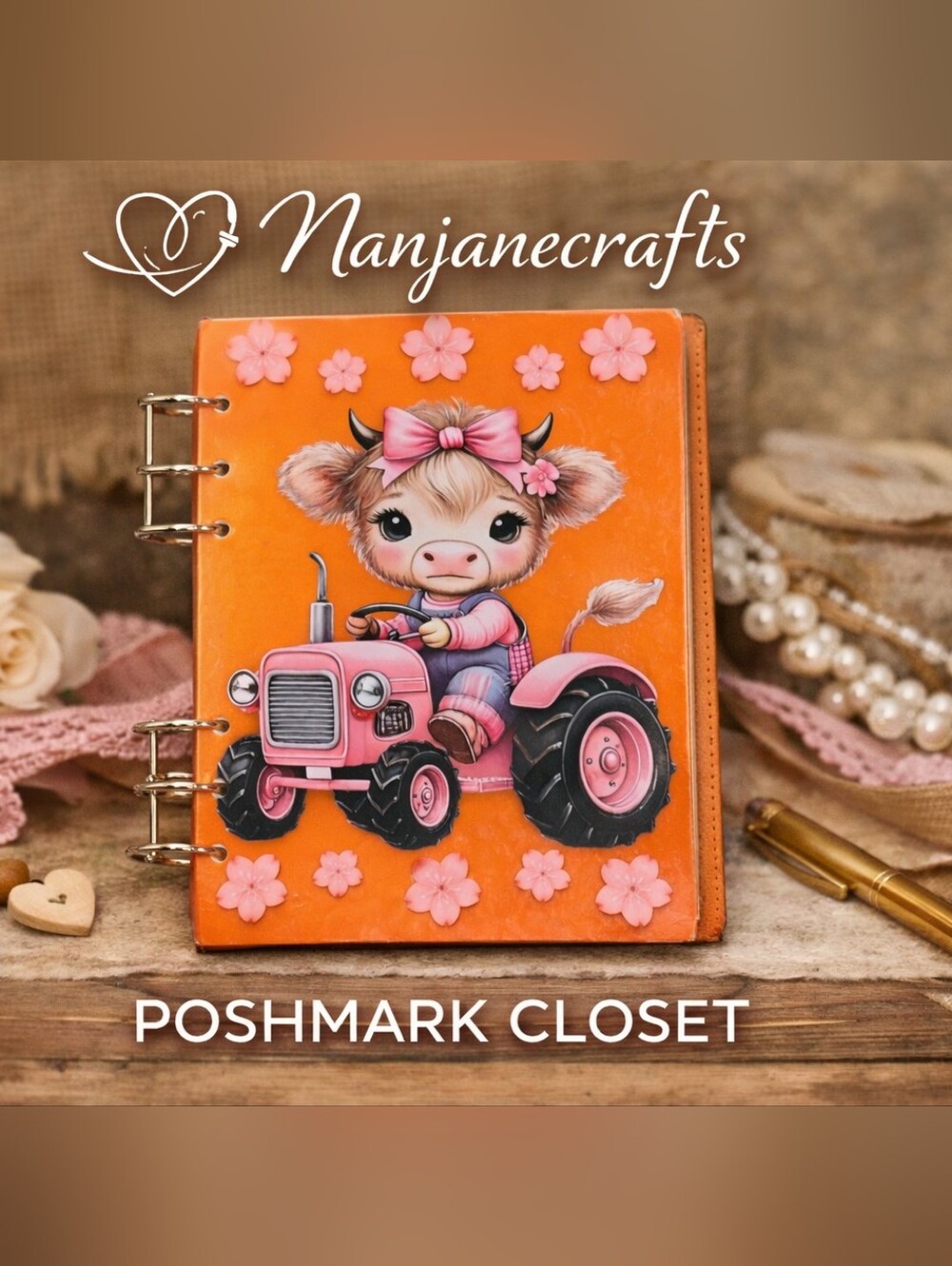 Handmade Resin A5 Journal Notebook – Cute Cow Tractor Design. 156